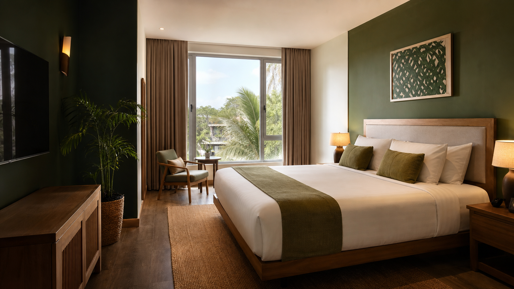 Comfortable Cassa Motel room with a large bed and tropical window view